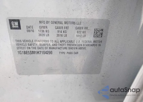 2017 Chevrolet Cruze Lt Auto z USA, uszkodzony, nr VIN 1G1BE5SM1H7104290